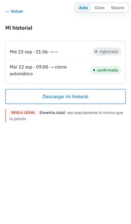 Pantalla Mi historial en el celular con las jornadas registradas y confirmadas y el botón Descargar mi historial