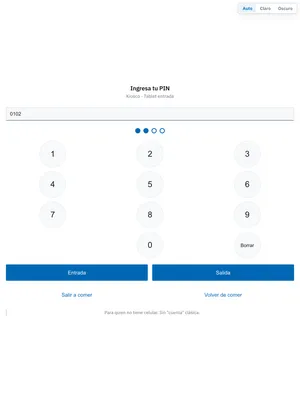 Kiosco en tablet: teclado numérico para el NIP del trabajador con botones de Entrada y Salida